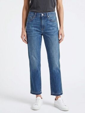 Veronica Beard High Waisted Blue Jeans with Green and Navy Stripe